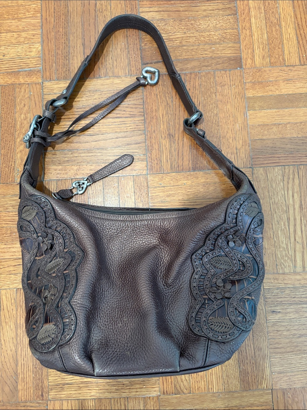 Brighton Dark Brown Leather Shoulder Bag with Cutwork Panels
